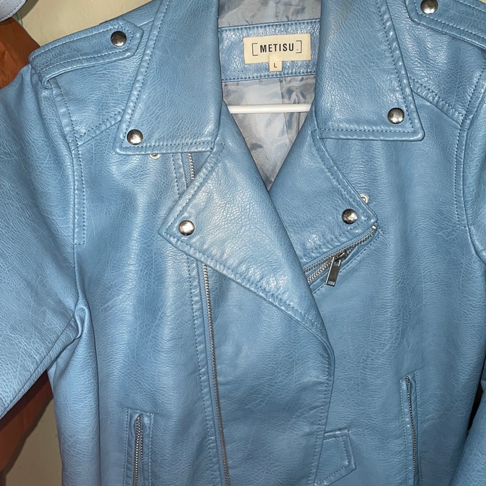 Baby blue leather biker jacket